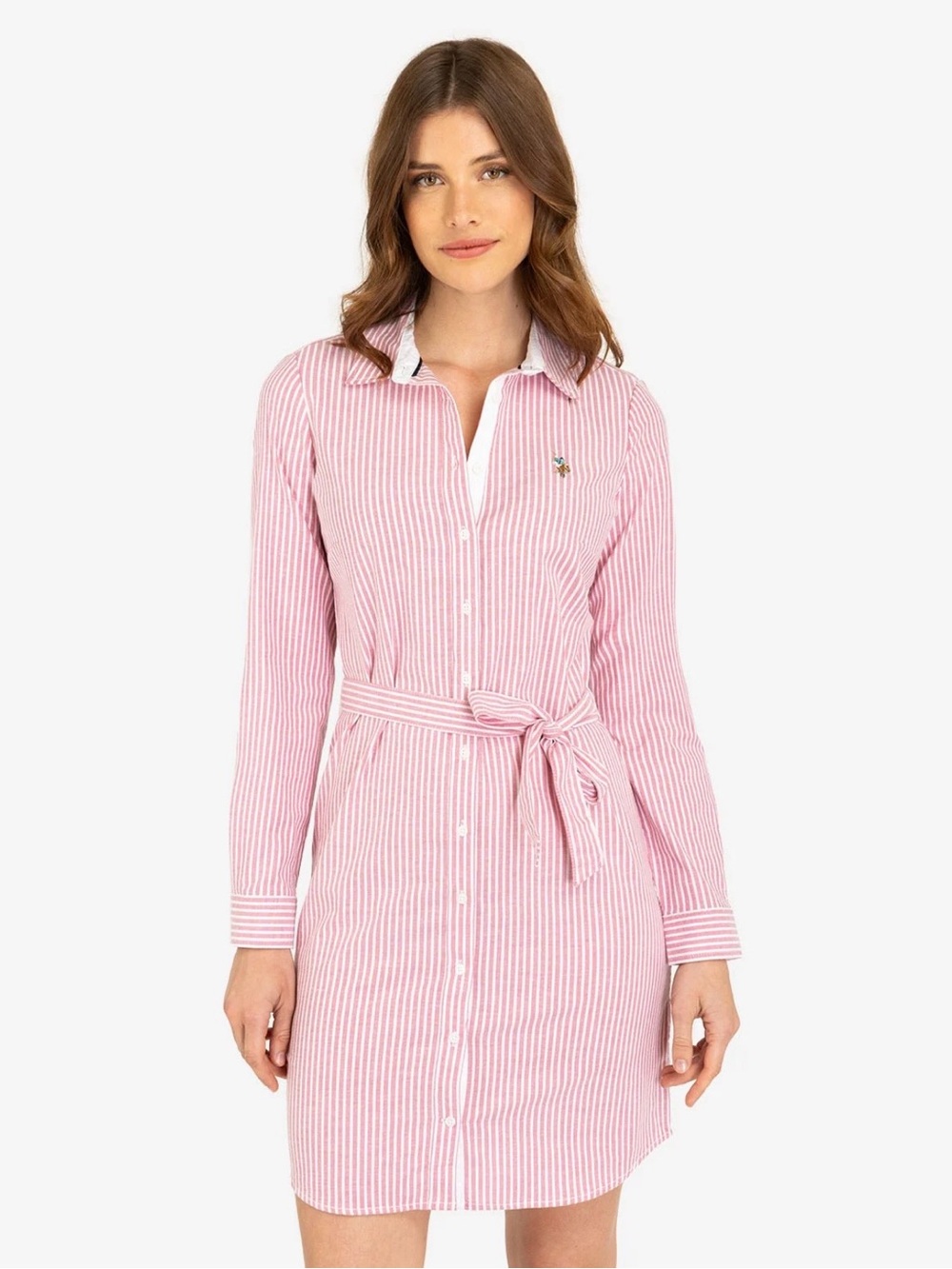 U.S. Polo Assn. Pink & White Striped Long-Sleeve Shirt Dress with Tie Waist